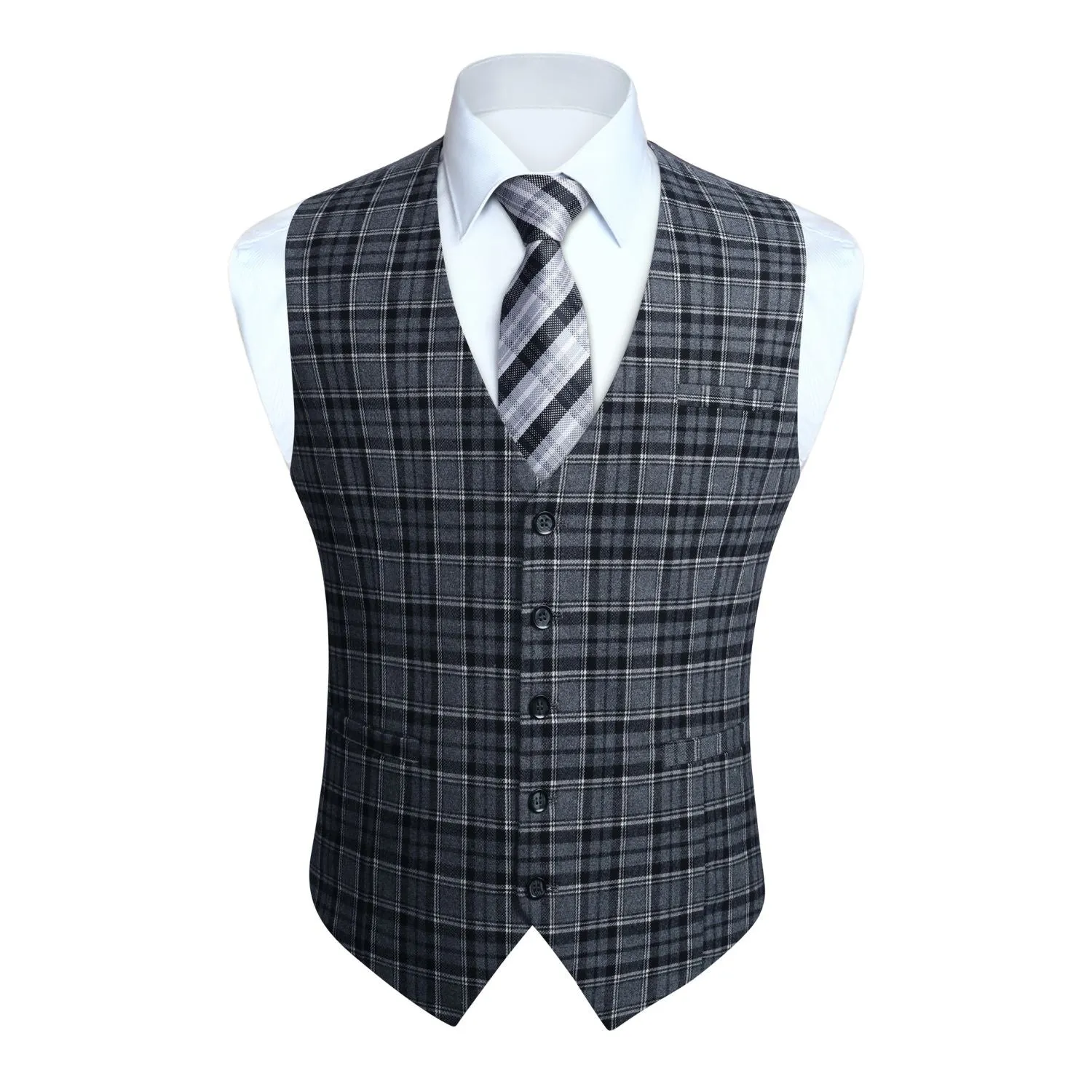 Plaid Slim Suit Vest - B-GREY