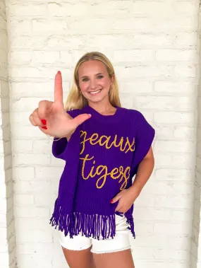 Queen Of Sparkles Purple & Gold Geaux Tigers Fringe Sweater Vest