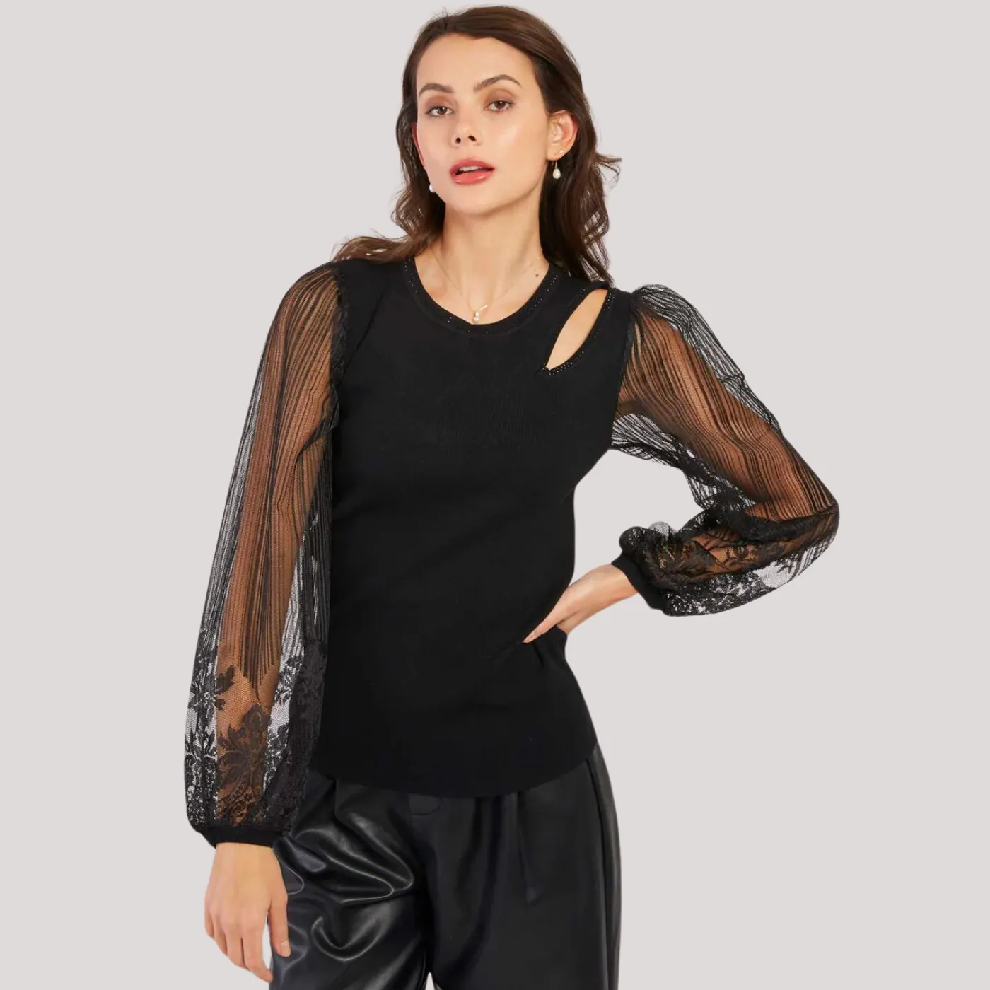 Rene Derhy Light Knit Lace Sleeve Jumper | Black