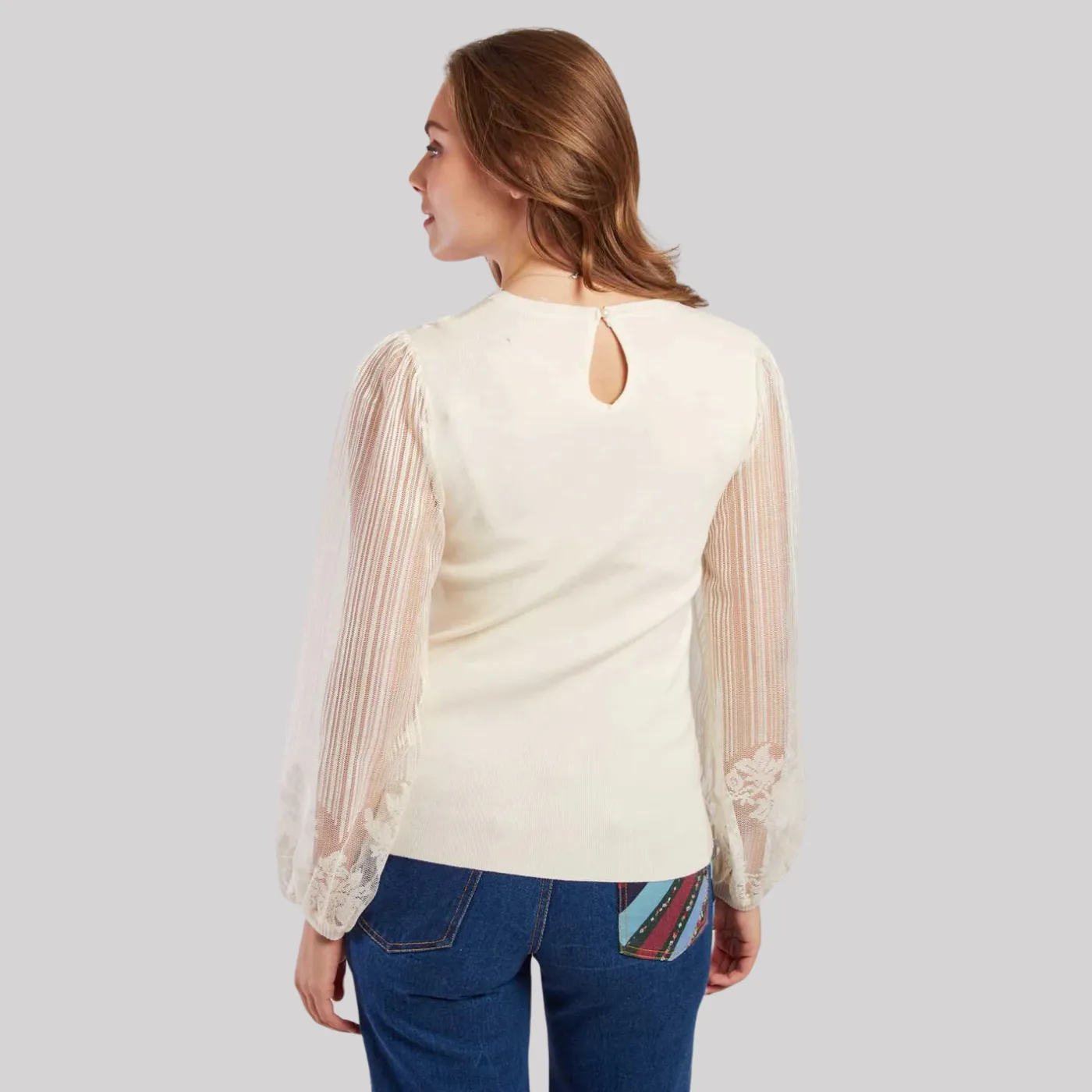 Rene Derhy Light Knit Lace Sleeve Jumper | Cream