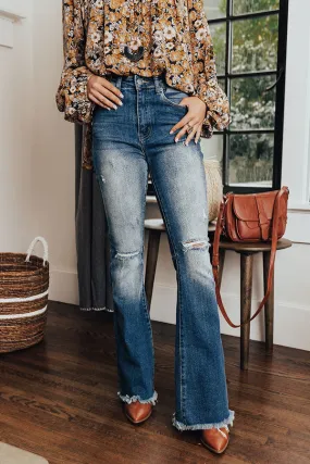 Risen The Bryana High Waist Distressed Flares in Medium Wash