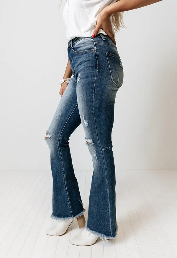 Risen The Bryana High Waist Distressed Flares in Medium Wash