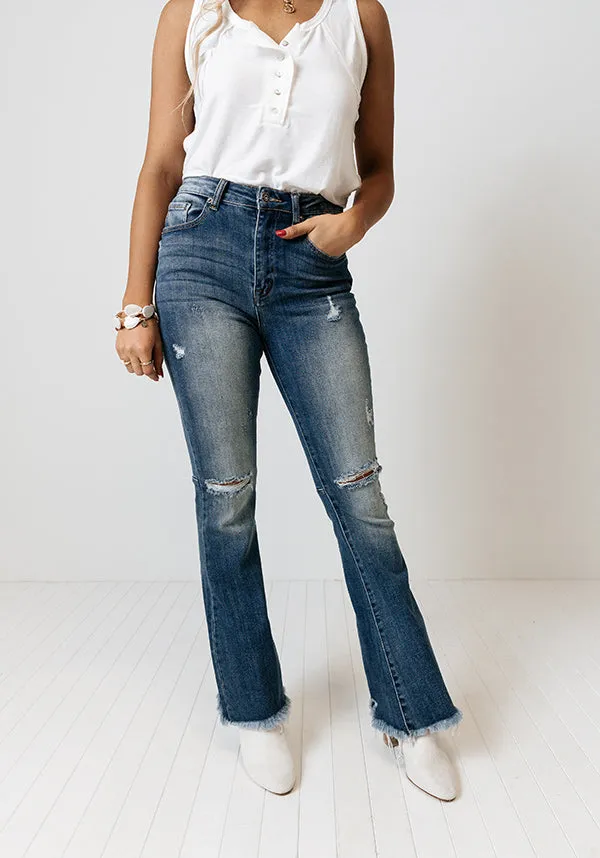 Risen The Bryana High Waist Distressed Flares in Medium Wash