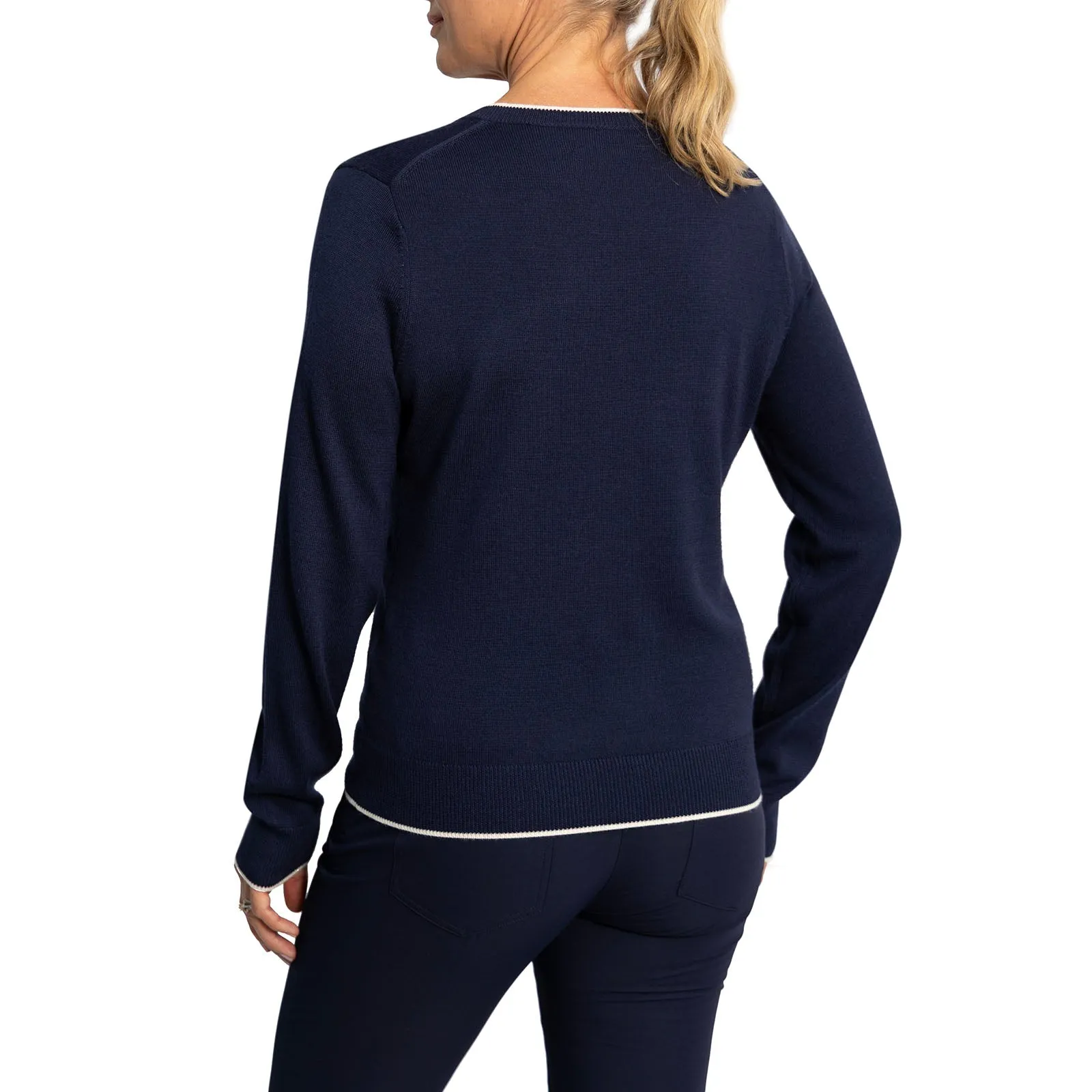 RLX Ralph Lauren Women's Performance Wool Blend V-Neck Golf Jumper - French Navy/Chic Cream