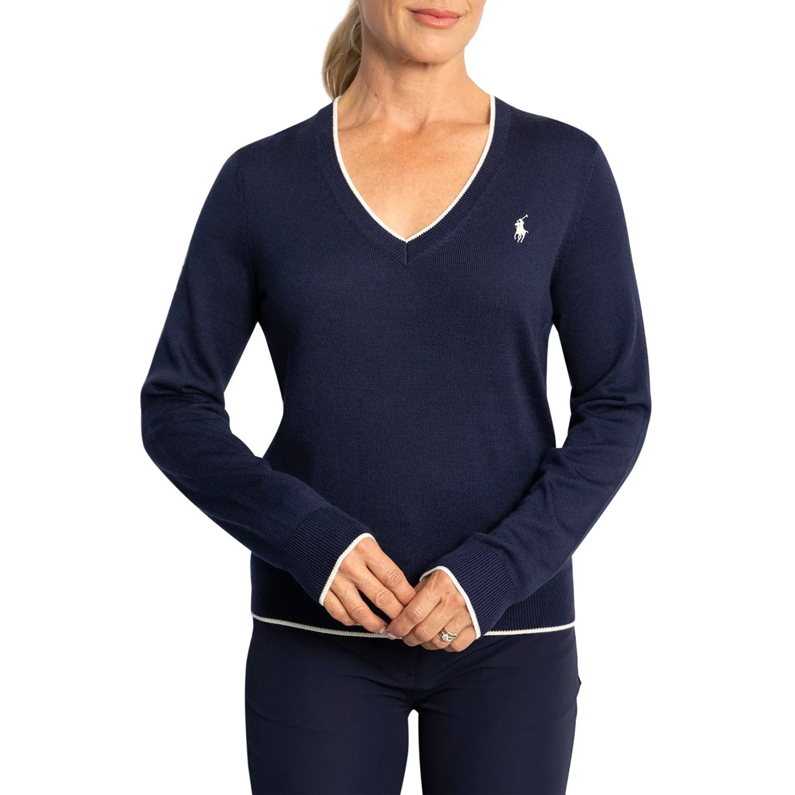 RLX Ralph Lauren Women's Performance Wool Blend V-Neck Golf Jumper - French Navy/Chic Cream