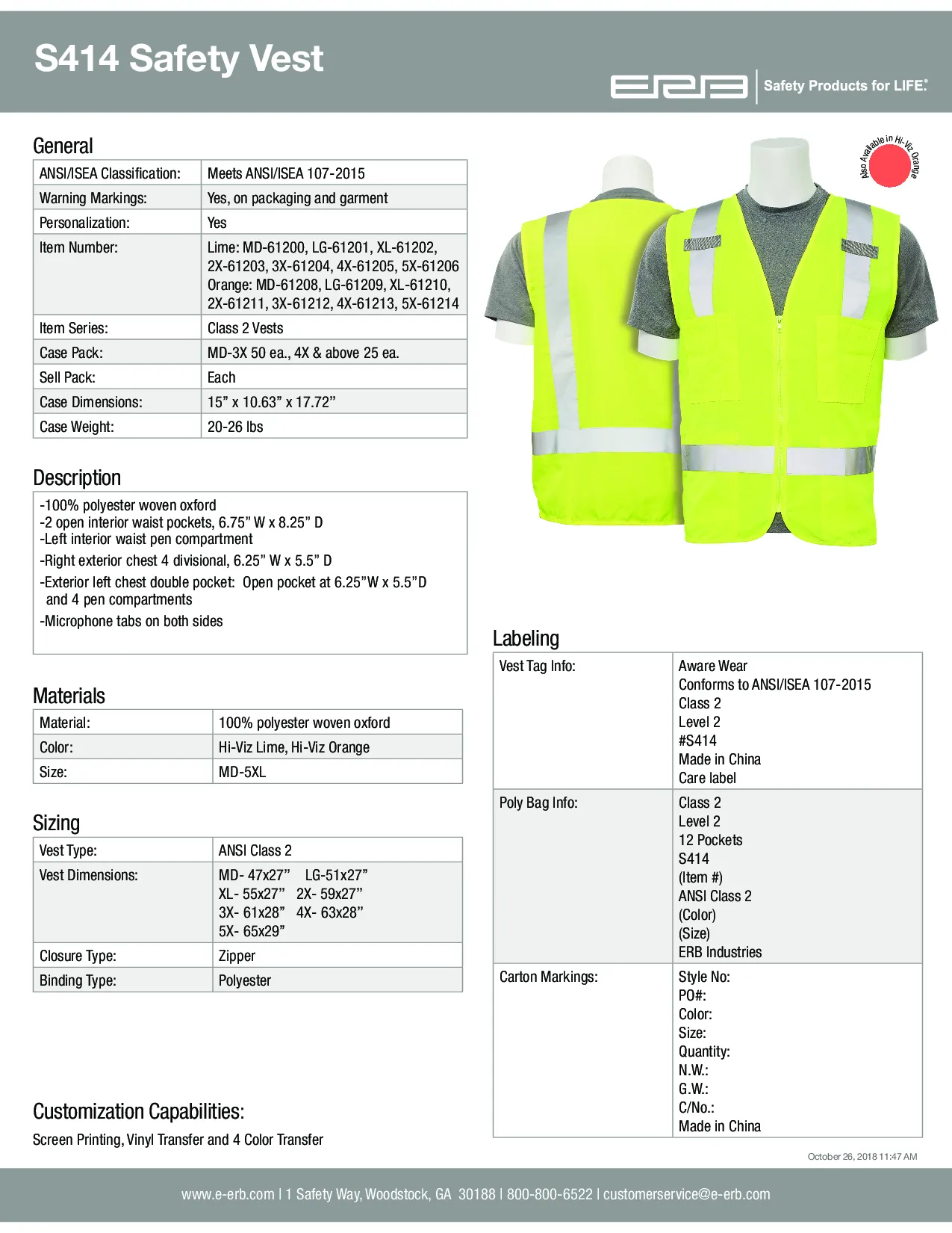 S414 Class 2 Surveyor's Multi-Pocket Safety Vest 1PC