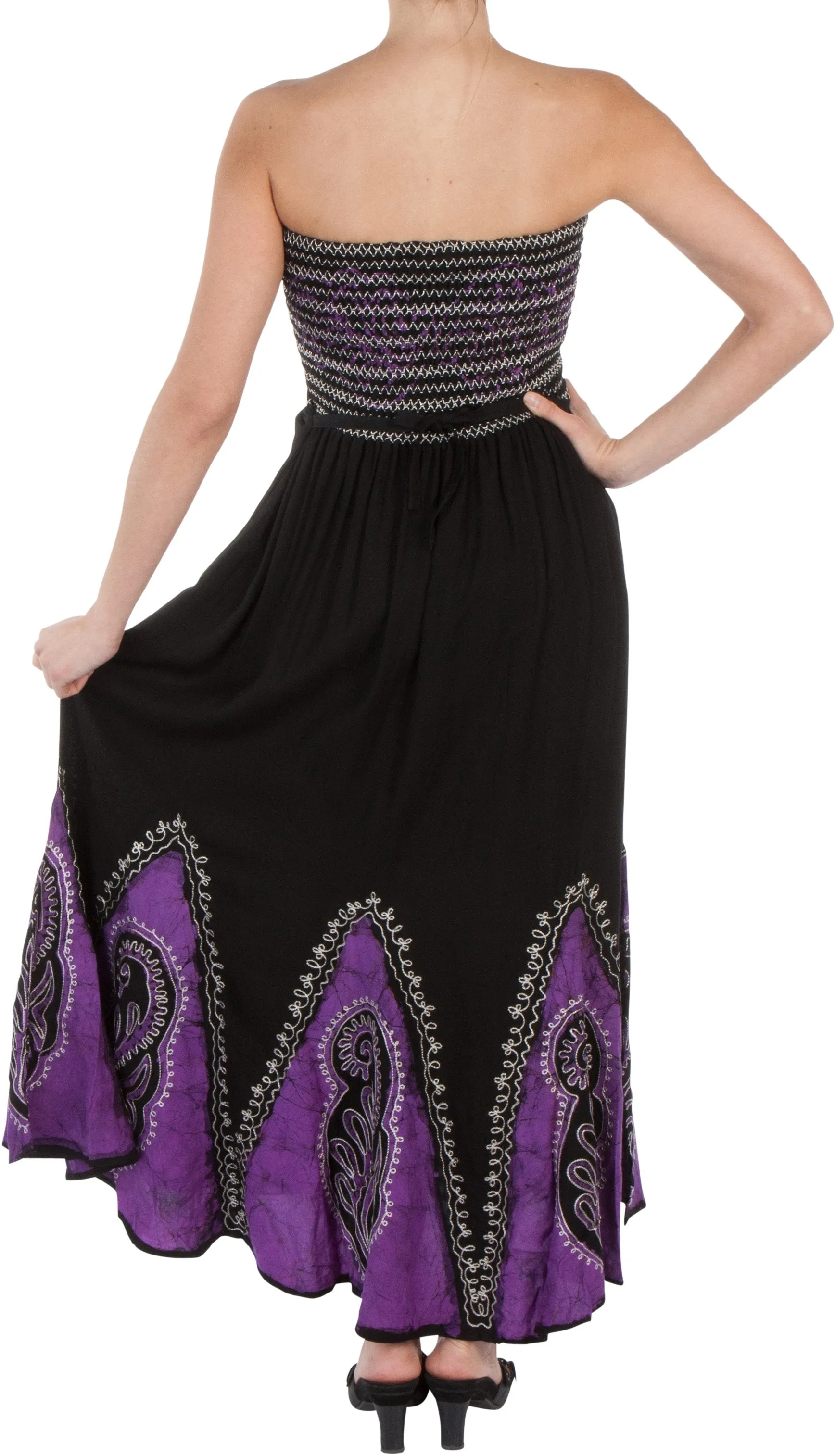 Sakkas Batik Print Embroidered Sleeveless Smocked Tube Top Long Dress