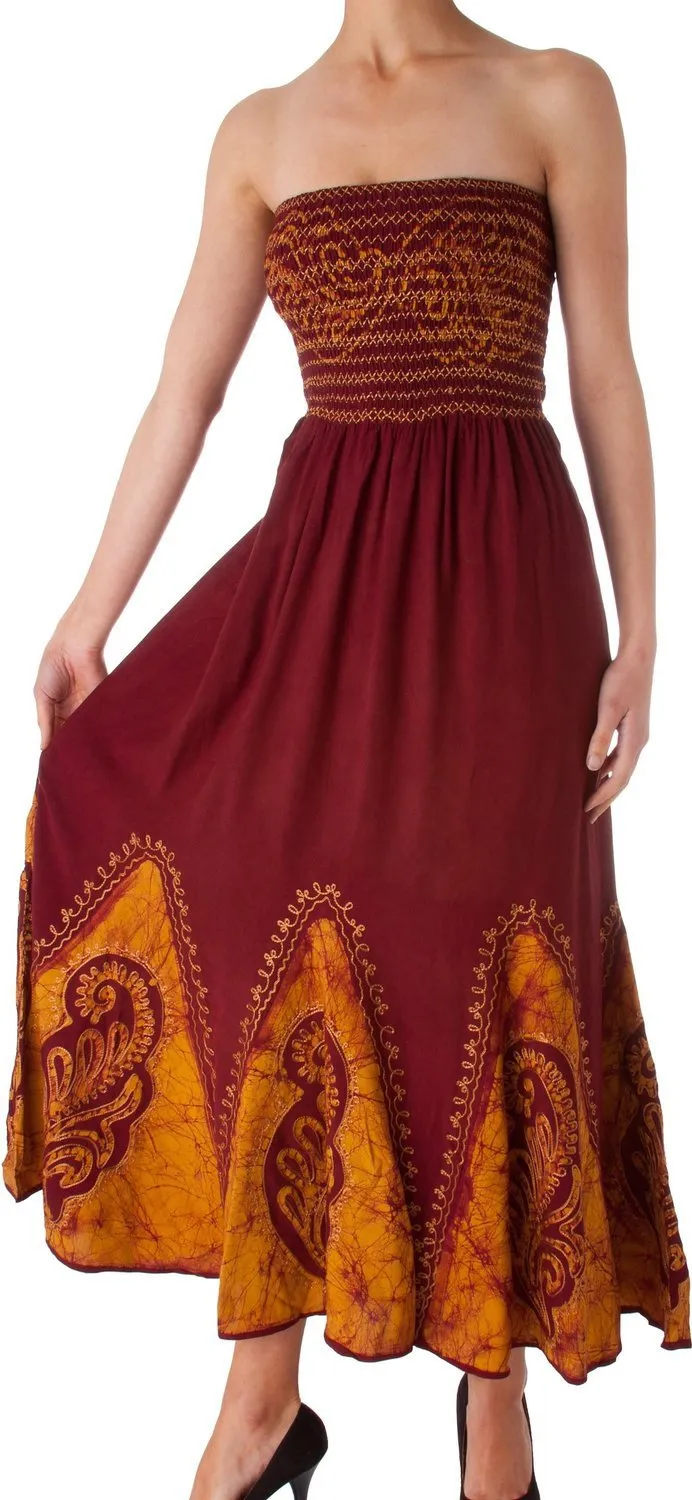 Sakkas Batik Print Embroidered Sleeveless Smocked Tube Top Long Dress