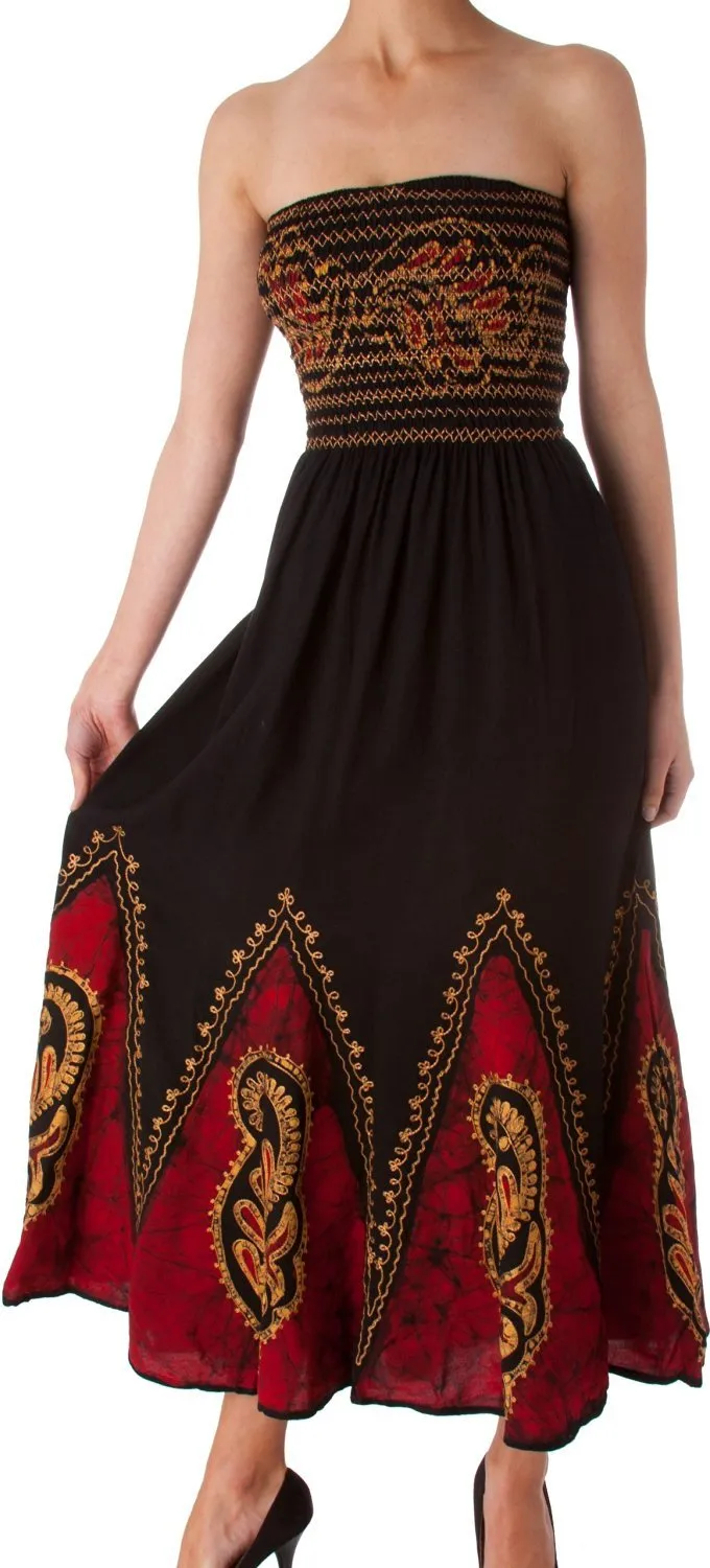 Sakkas Batik Print Embroidered Sleeveless Smocked Tube Top Long Dress