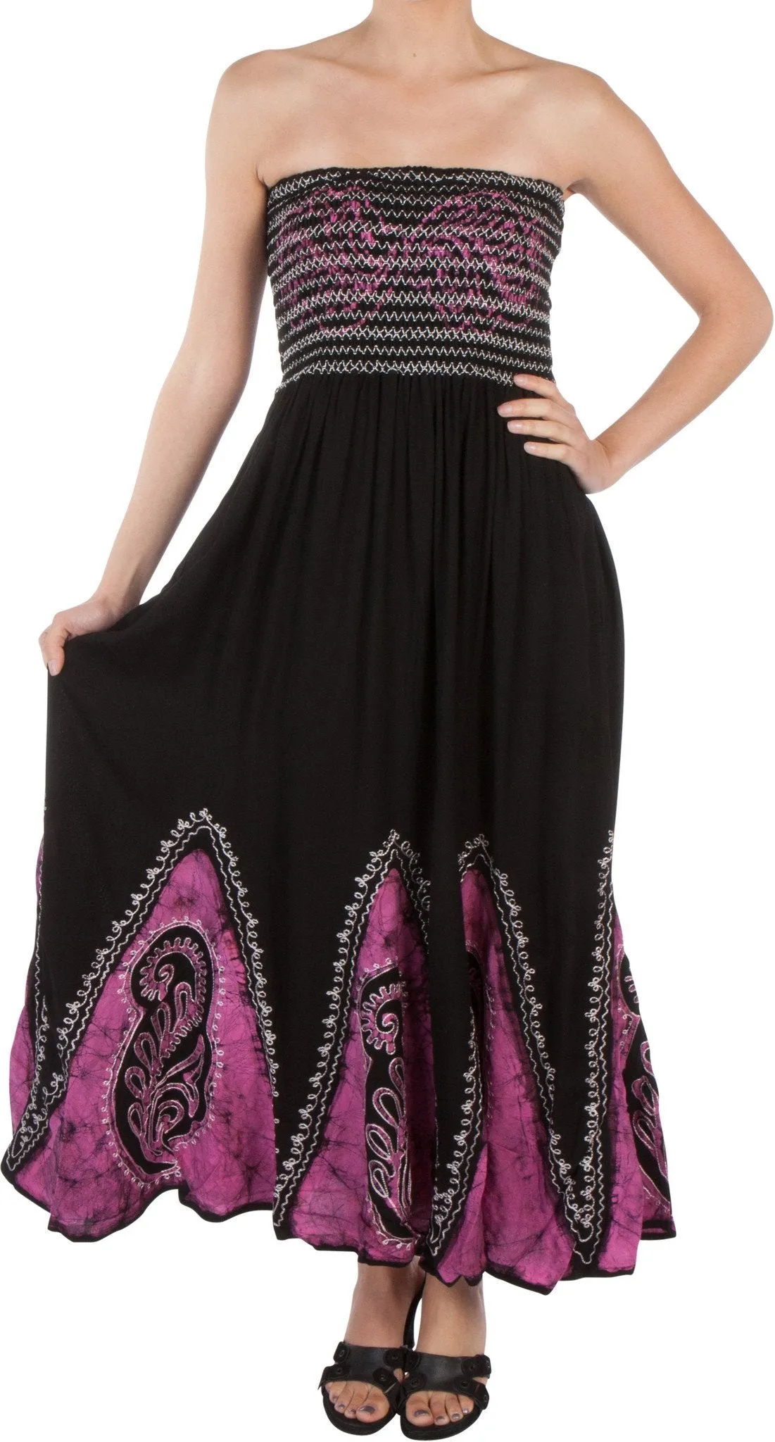 Sakkas Batik Print Embroidered Sleeveless Smocked Tube Top Long Dress