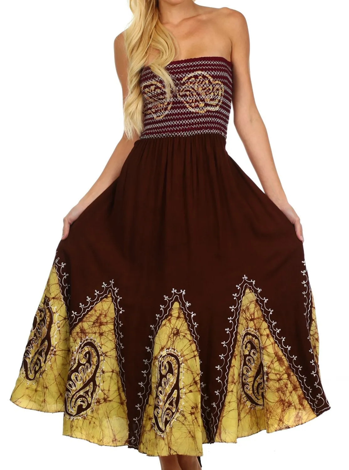 Sakkas Batik Print Embroidered Sleeveless Smocked Tube Top Long Dress