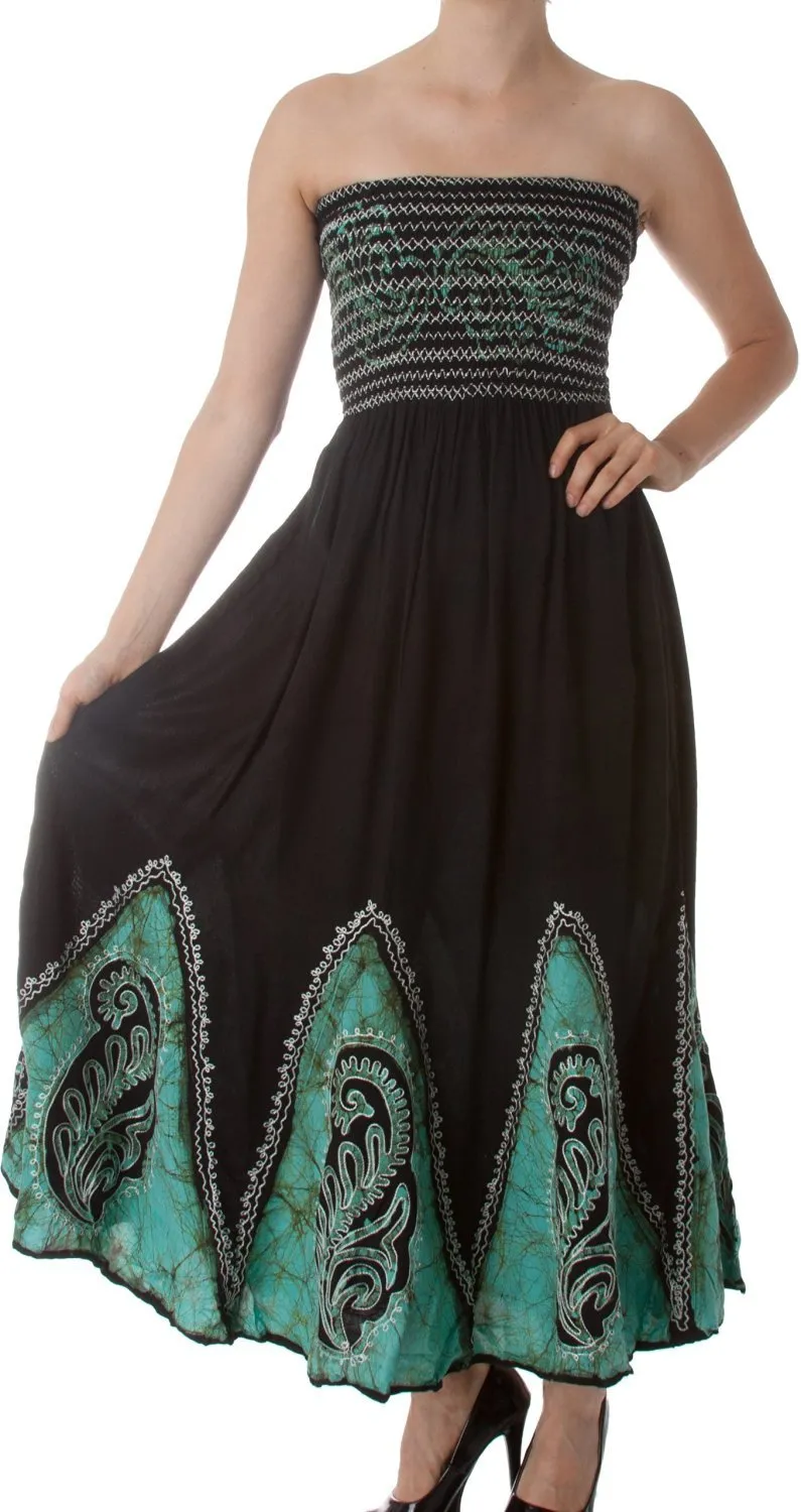 Sakkas Batik Print Embroidered Sleeveless Smocked Tube Top Long Dress