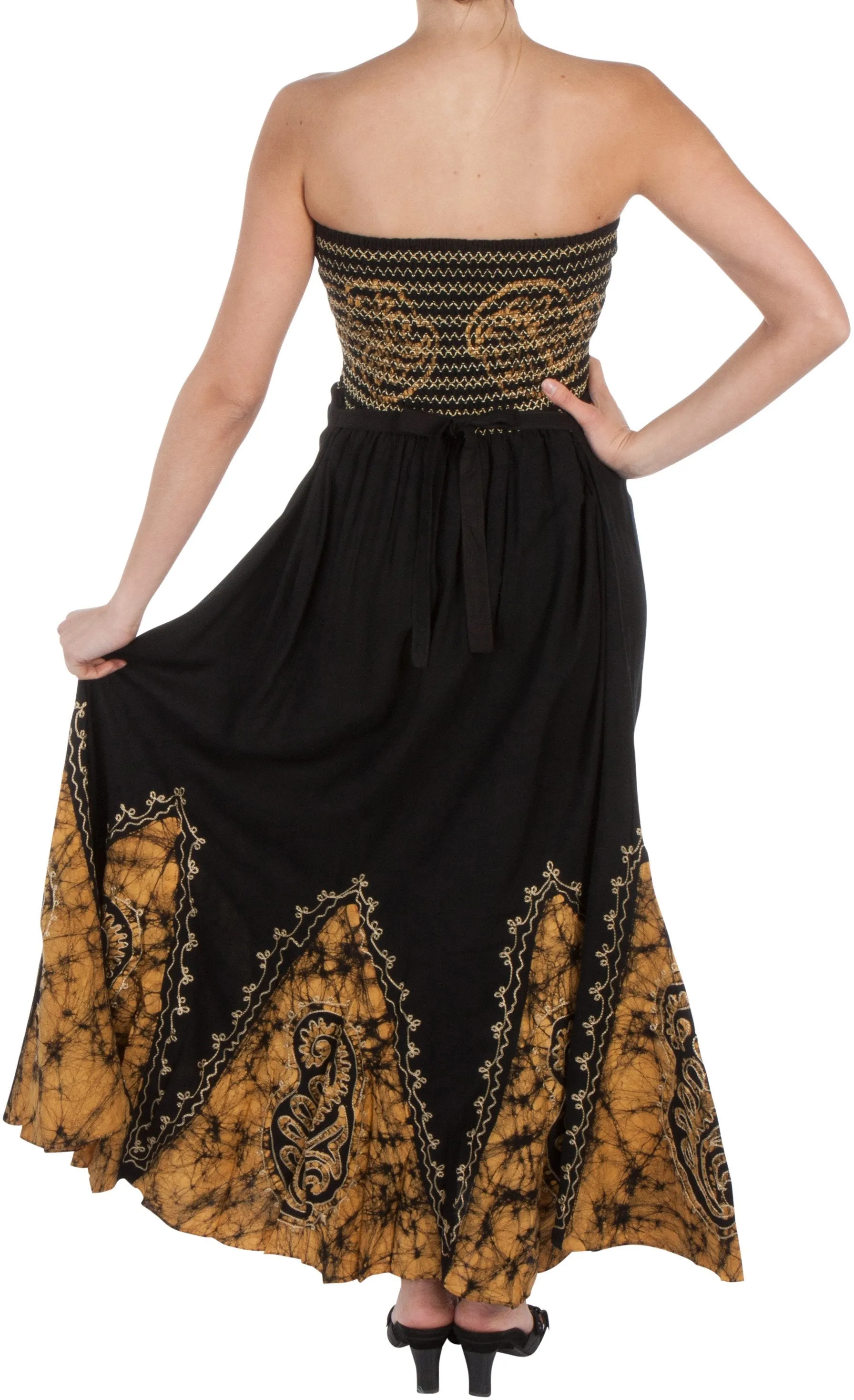 Sakkas Batik Print Embroidered Sleeveless Smocked Tube Top Long Dress