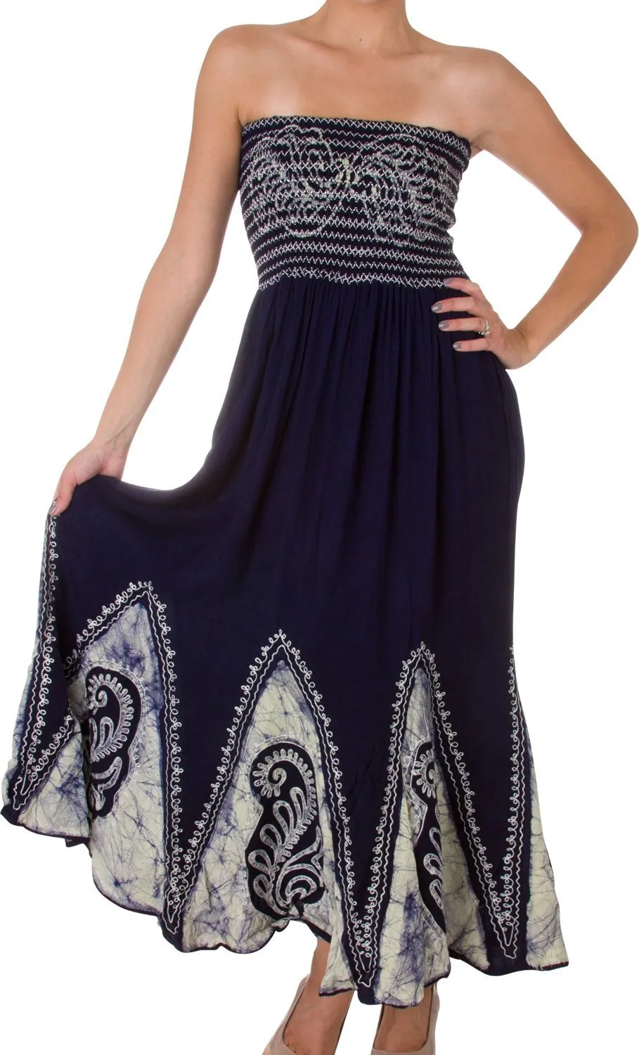 Sakkas Batik Print Embroidered Sleeveless Smocked Tube Top Long Dress