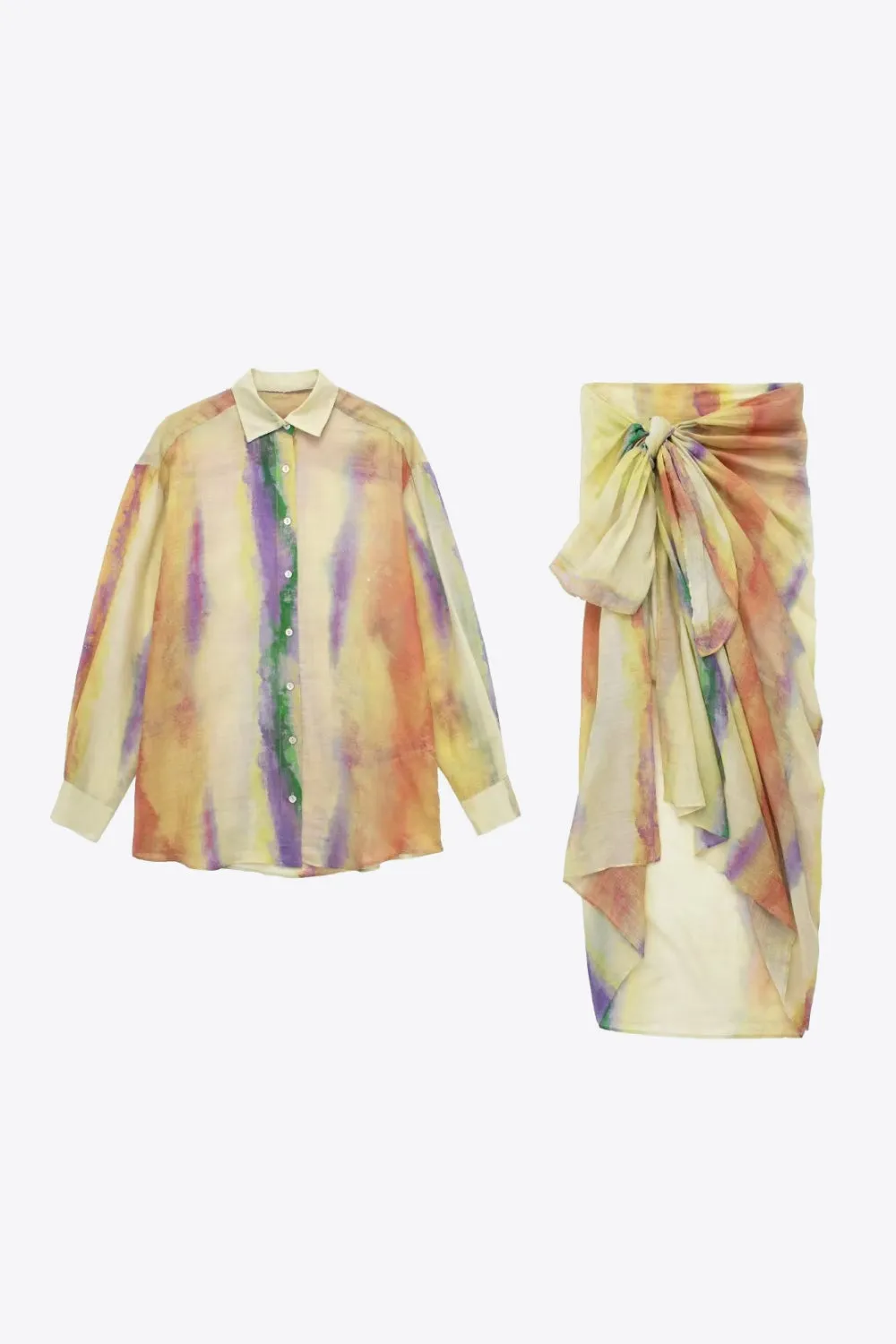 Shirt and Midi Skirt Set 100% Linen  Women's Fashion 2 Piece Outfit SetTie-Dye Premium Luxury Fashion