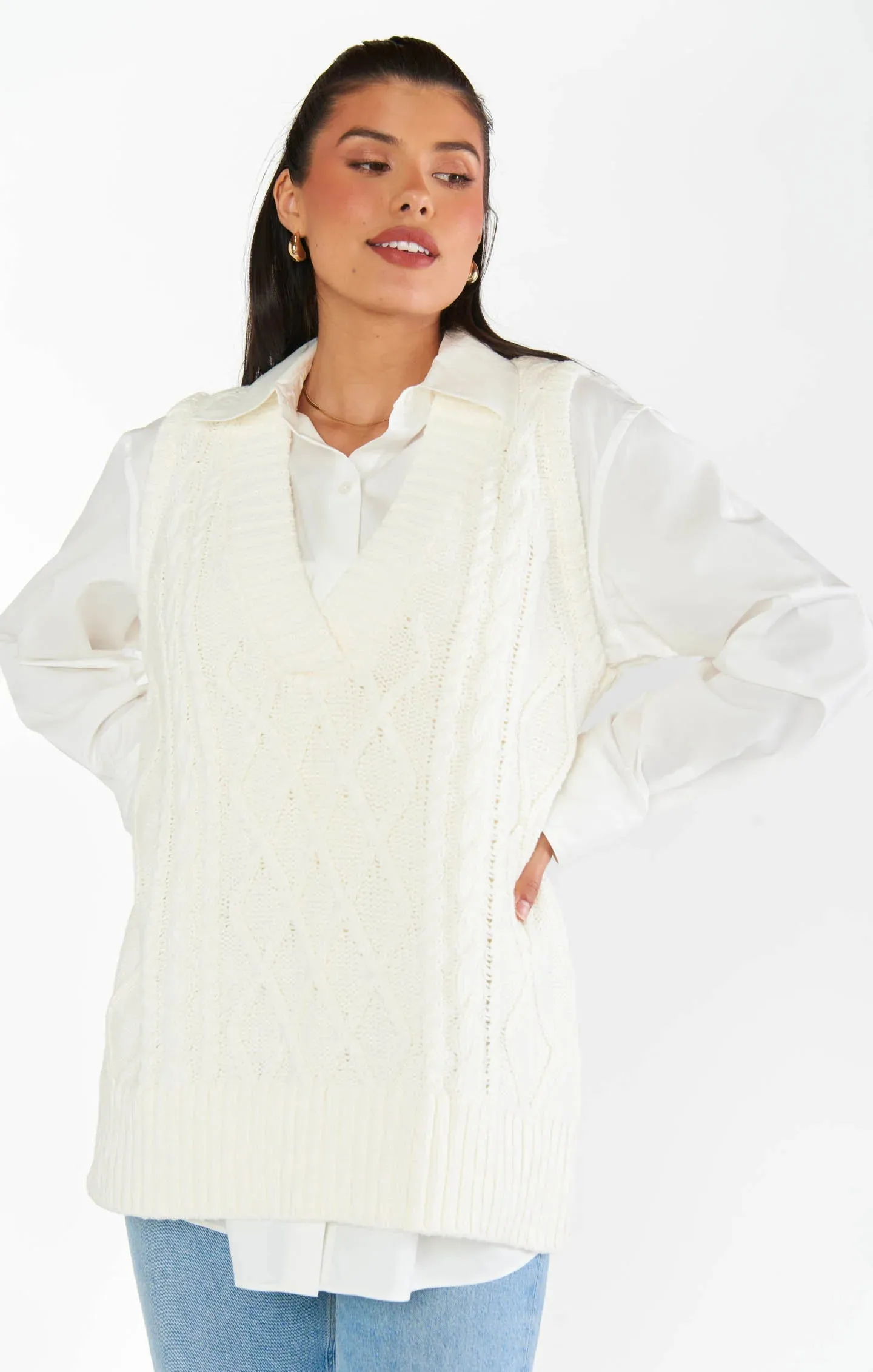 Show Me Your Mumu Reid Sweater Vest in Cream Cable Knit