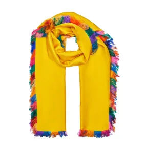 Silk Yellow Scarf with Multi-Colored Fringe Edges