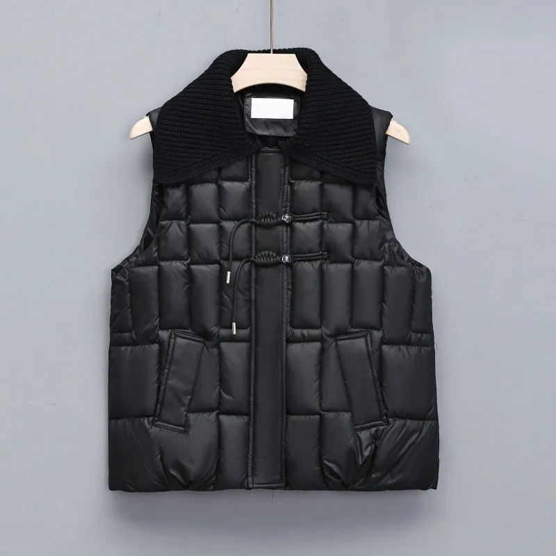 Stand Collar National Style Buckle Knitted Lapel Sleeveless Cotton-padded Jacket Vest