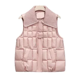 Stand Collar National Style Buckle Knitted Lapel Sleeveless Cotton-padded Jacket Vest