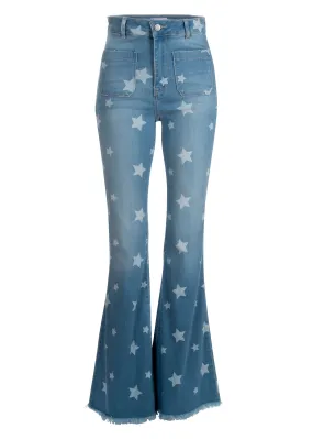 Stardust Blue Denim Star Print Flare Jean with Frayed Hem