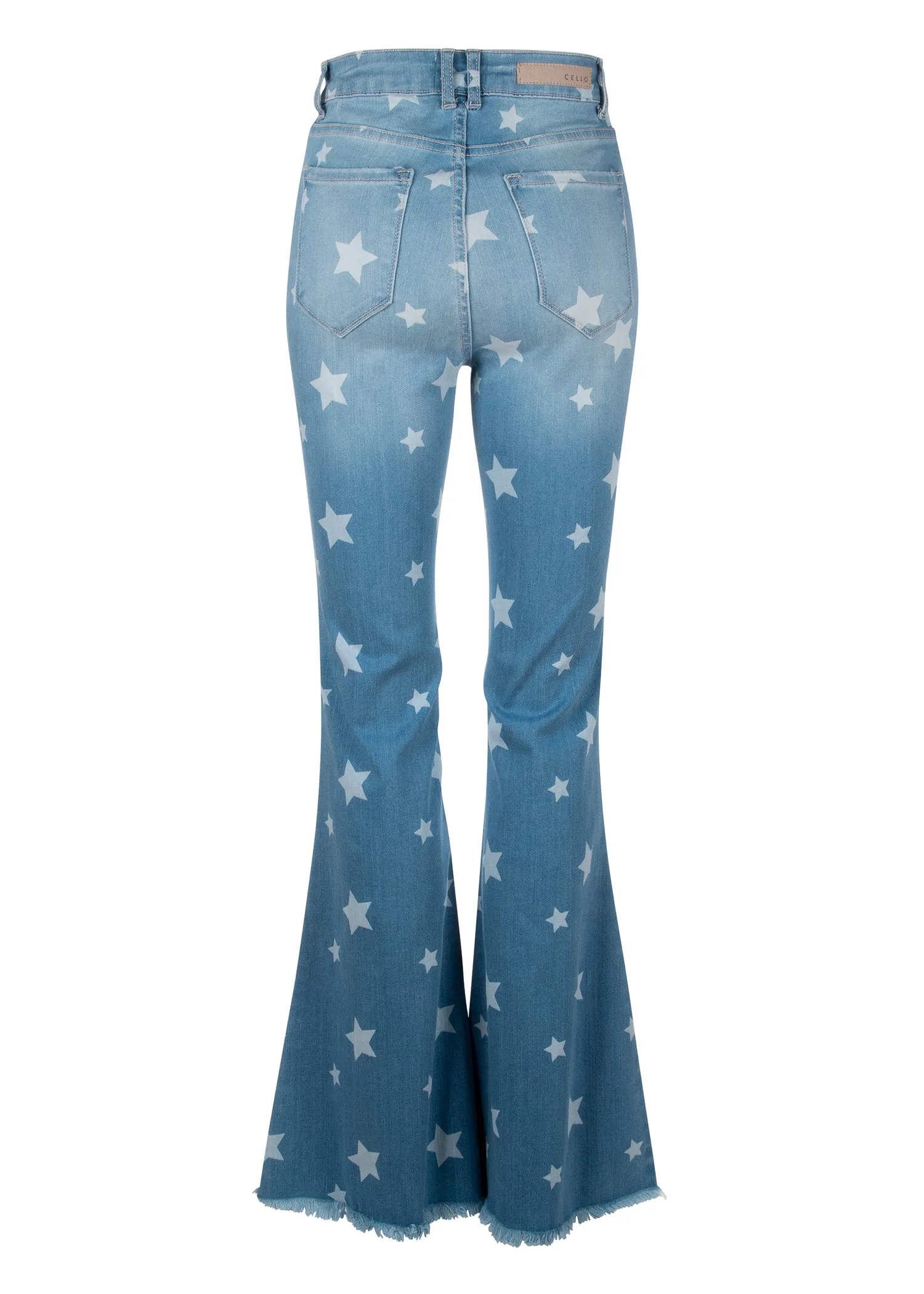 Stardust Blue Denim Star Print Flare Jean with Frayed Hem