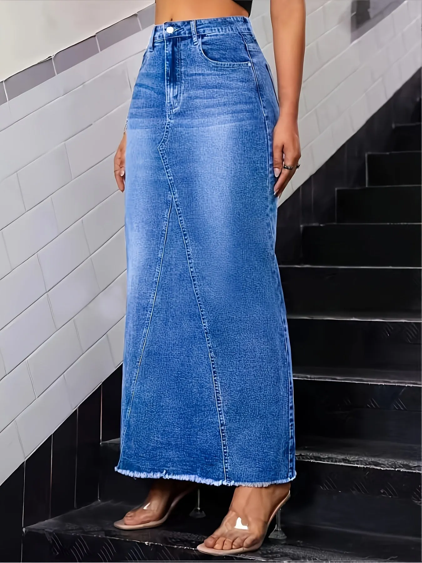 Stylish Maxi Denim Skirt - Raw Hem, Plain Washed, Whiskering, Casual Style, Comfortable Fit, Women's Denim Jeans & Clothing, Perfect for Daily Wear, Outdoor Activities, and Travel