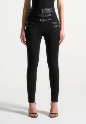 Suede Buckle Detail Leggings - Black