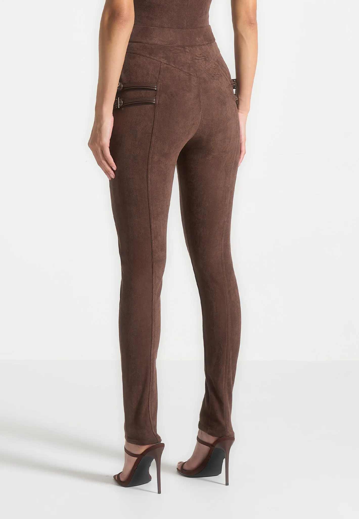 Suede Buckle Detail Leggings - Brown