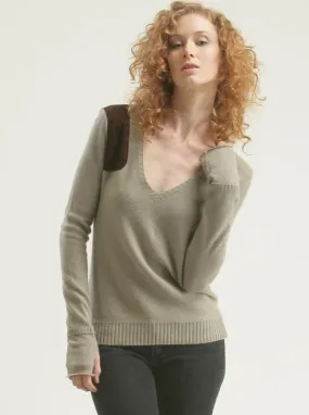 Suede-Patch V Neck Pullover