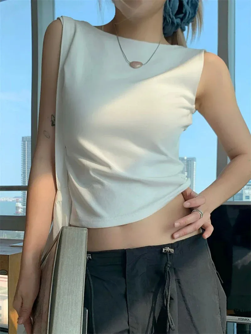 Summer White Sleeveless Backless Basic Solid All-match Benuynffy Female Fashion Casual Crop Vest Top