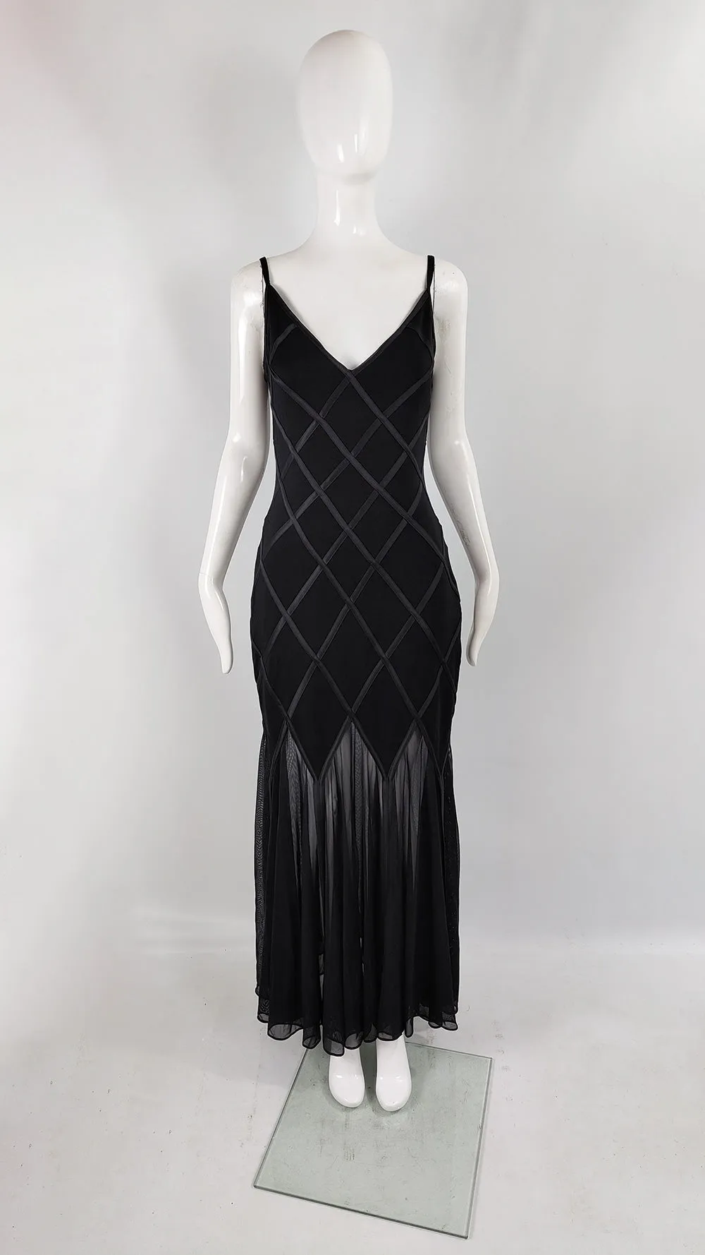 Tadashi Vintage Womens Black Sheer Mesh Evening Gown Dress, 1990s