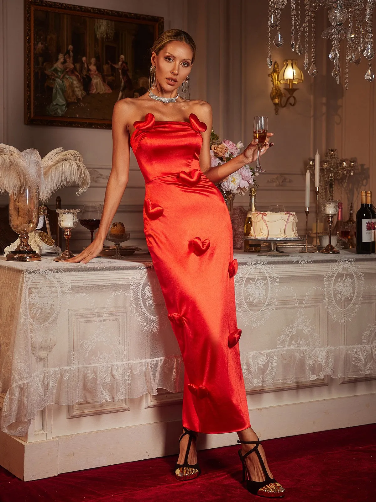 Taton Strapless Heart Satin Maxi Dress