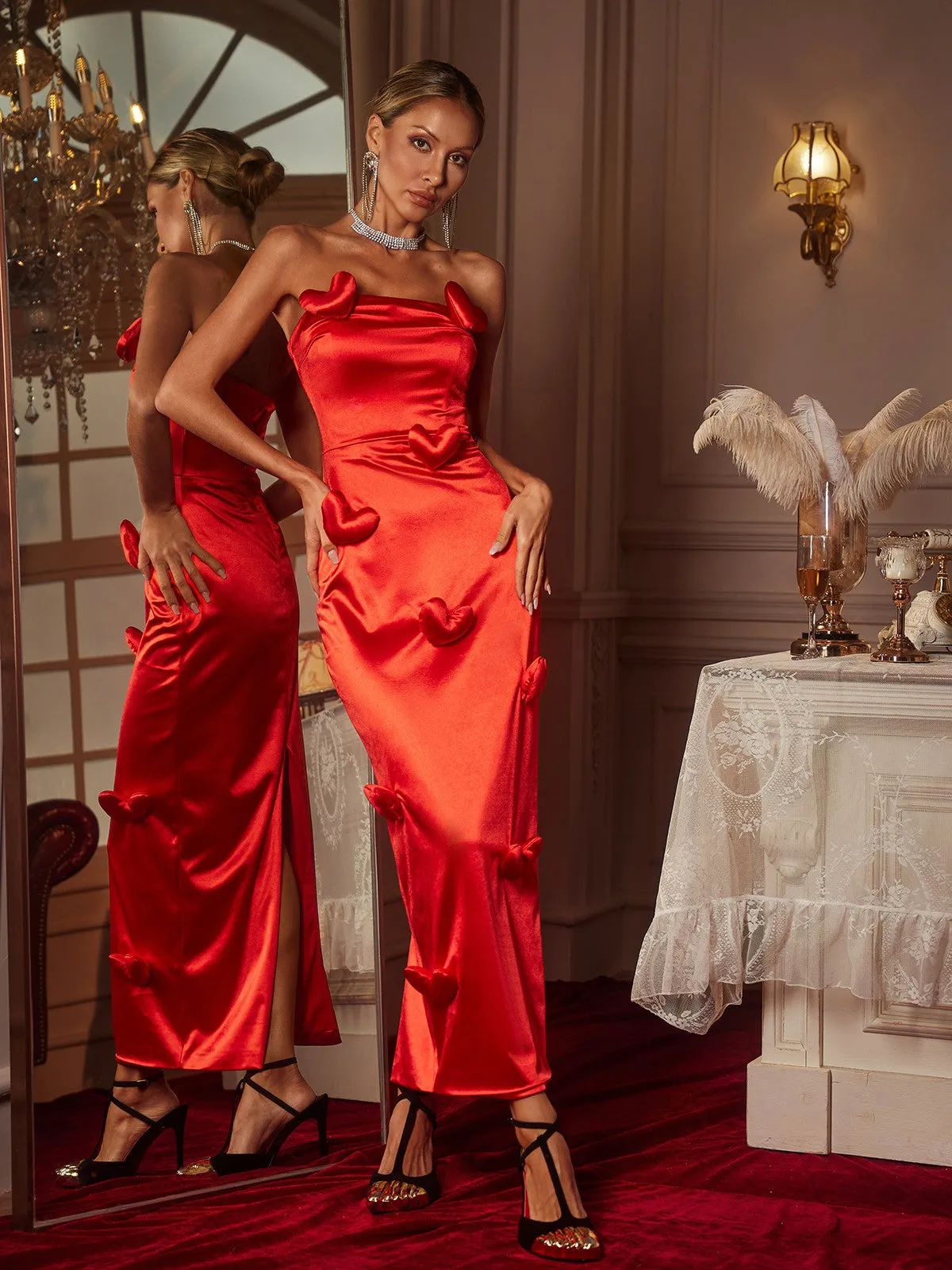 Taton Strapless Heart Satin Maxi Dress