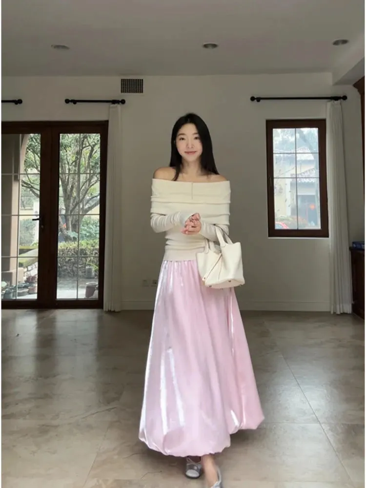 TAVIMART  -   Sweet Pink Ball Gown Skirts Women Elegant Elastic Wasit Maxi Long Skirt Spring Summer Luxury Korean Fashion Clothing Ins