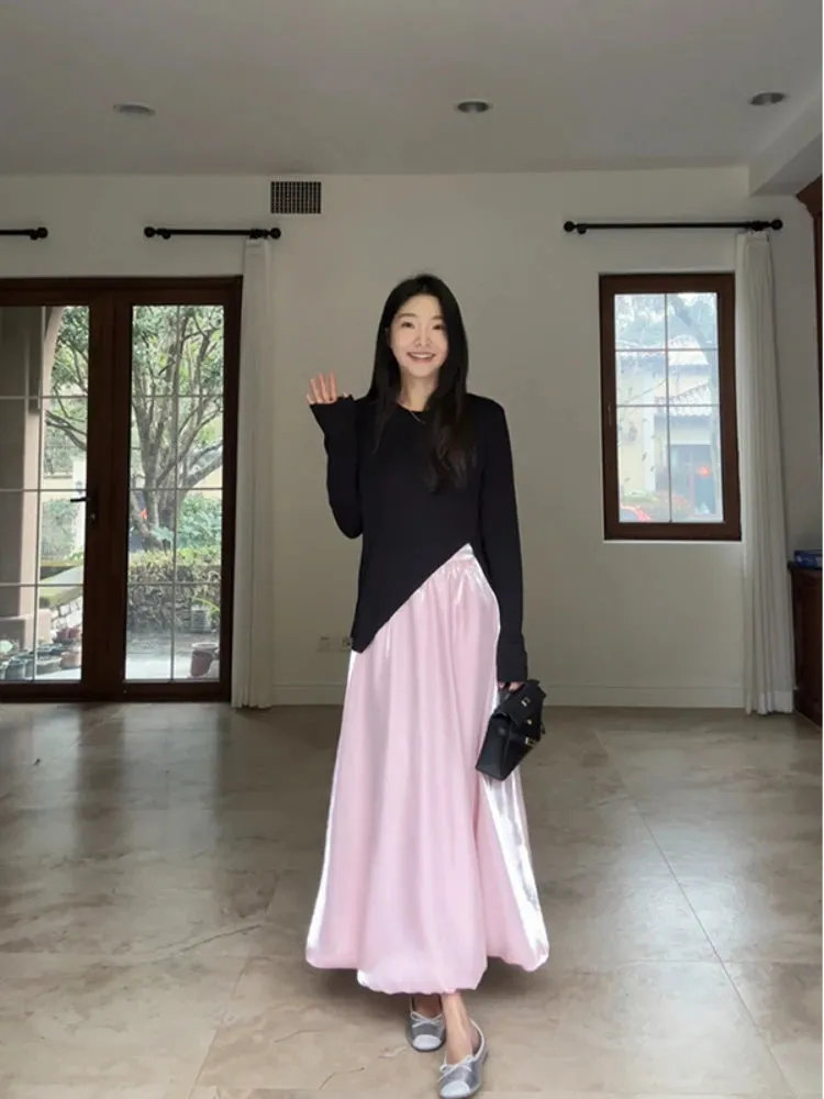 TAVIMART  -   Sweet Pink Ball Gown Skirts Women Elegant Elastic Wasit Maxi Long Skirt Spring Summer Luxury Korean Fashion Clothing Ins