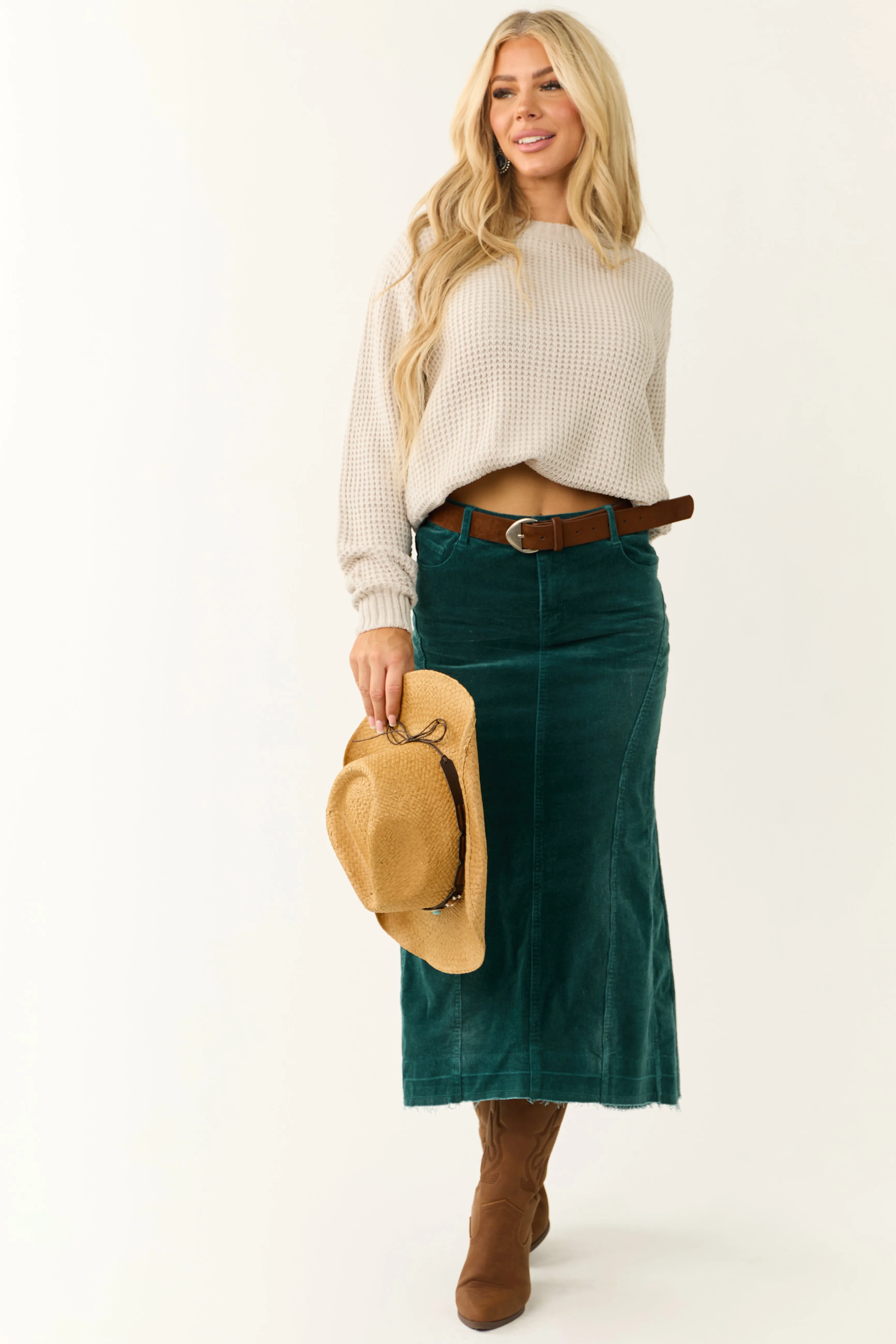 Teal Corduroy Textured High Low Maxi Skirt