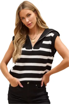 TEEK - Black White Striped Half Zip Sweater Vest