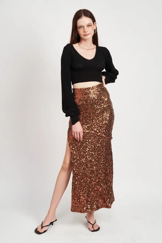 TEEK - BROWN SEQUINED HIGH WAIST MAXI SKIRT