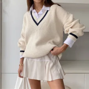 V-Neck Casual White Sweater | Long Sleeve Jumper | Women Knitted Sweater | Korean Style Sweater | Girl Winter Sweater | Tennis Girl Sweater