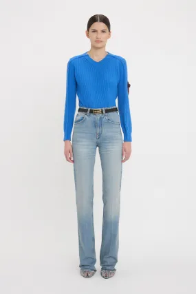 V Neck Knitted Jumper In Regatta Blue