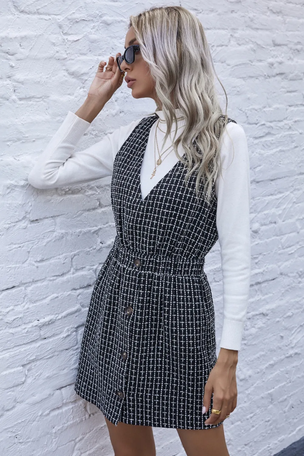 V-neck Plaid Waist Button Dress