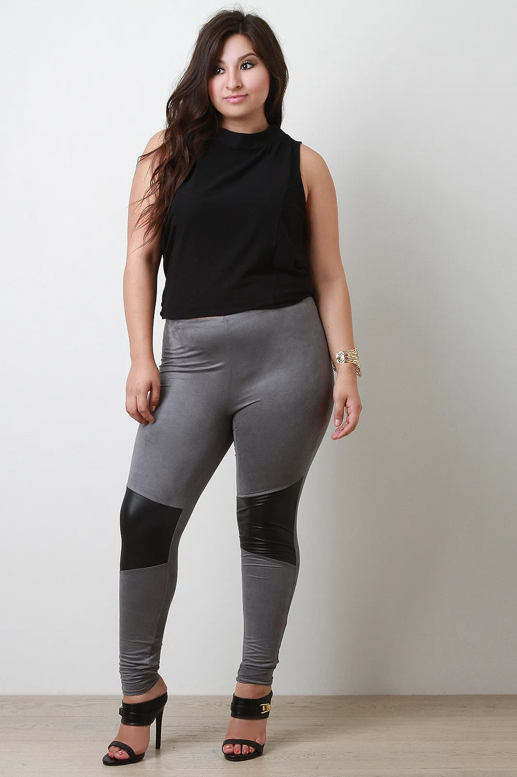 Vegan Leather Patch Suede Leggings