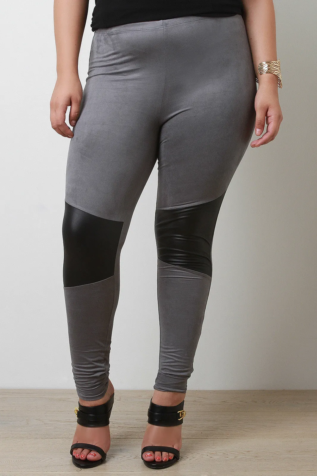 Vegan Leather Patch Suede Leggings