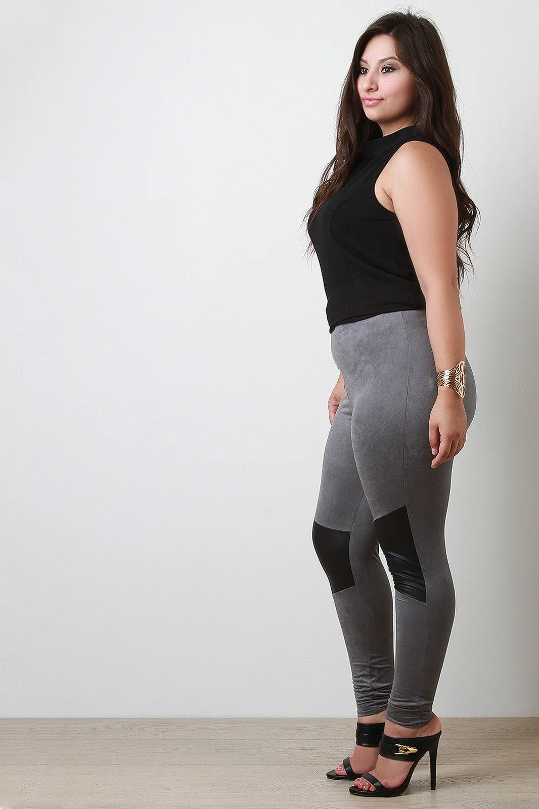 Vegan Leather Patch Suede Leggings