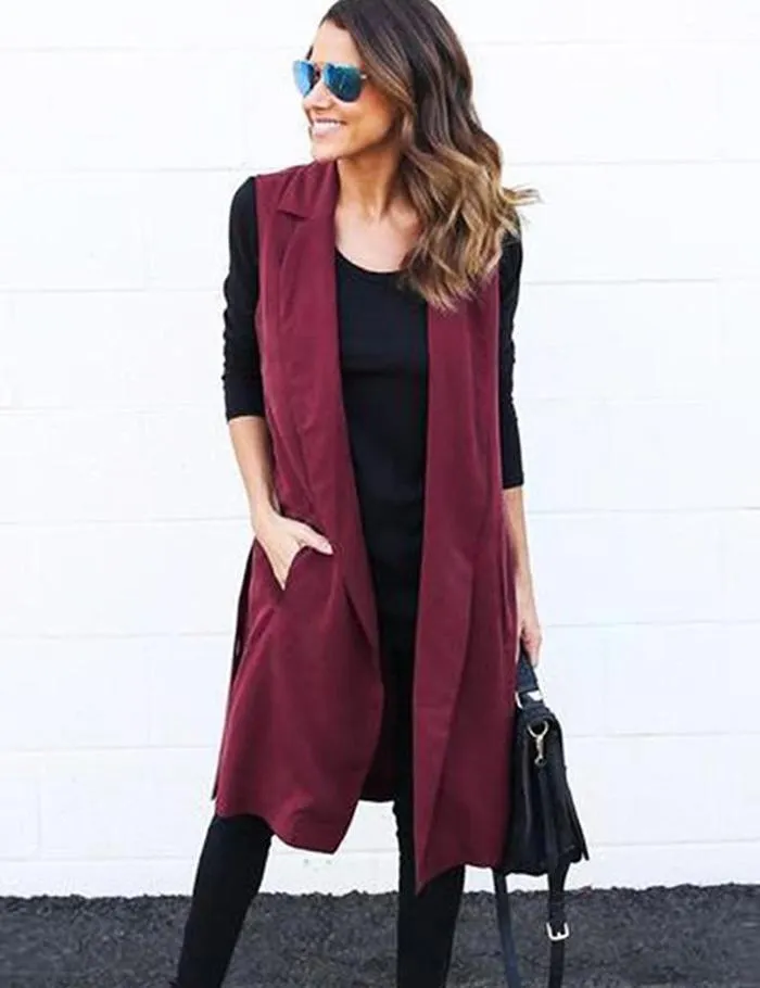 VenusFox Belted Sleeveless Long Vest Coats