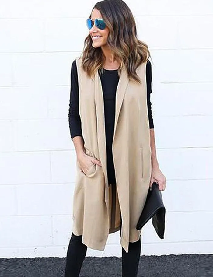 VenusFox Belted Sleeveless Long Vest Coats