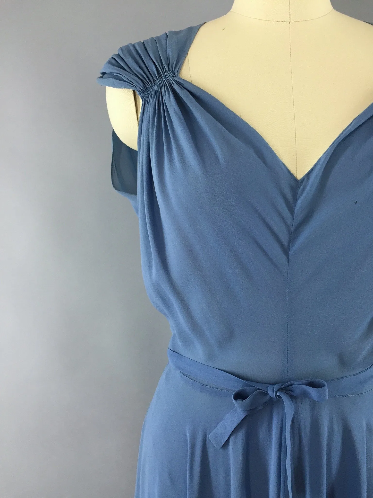 Vintage 1930s Blue Crepe Chiffon Bias Cut Maxi Dress