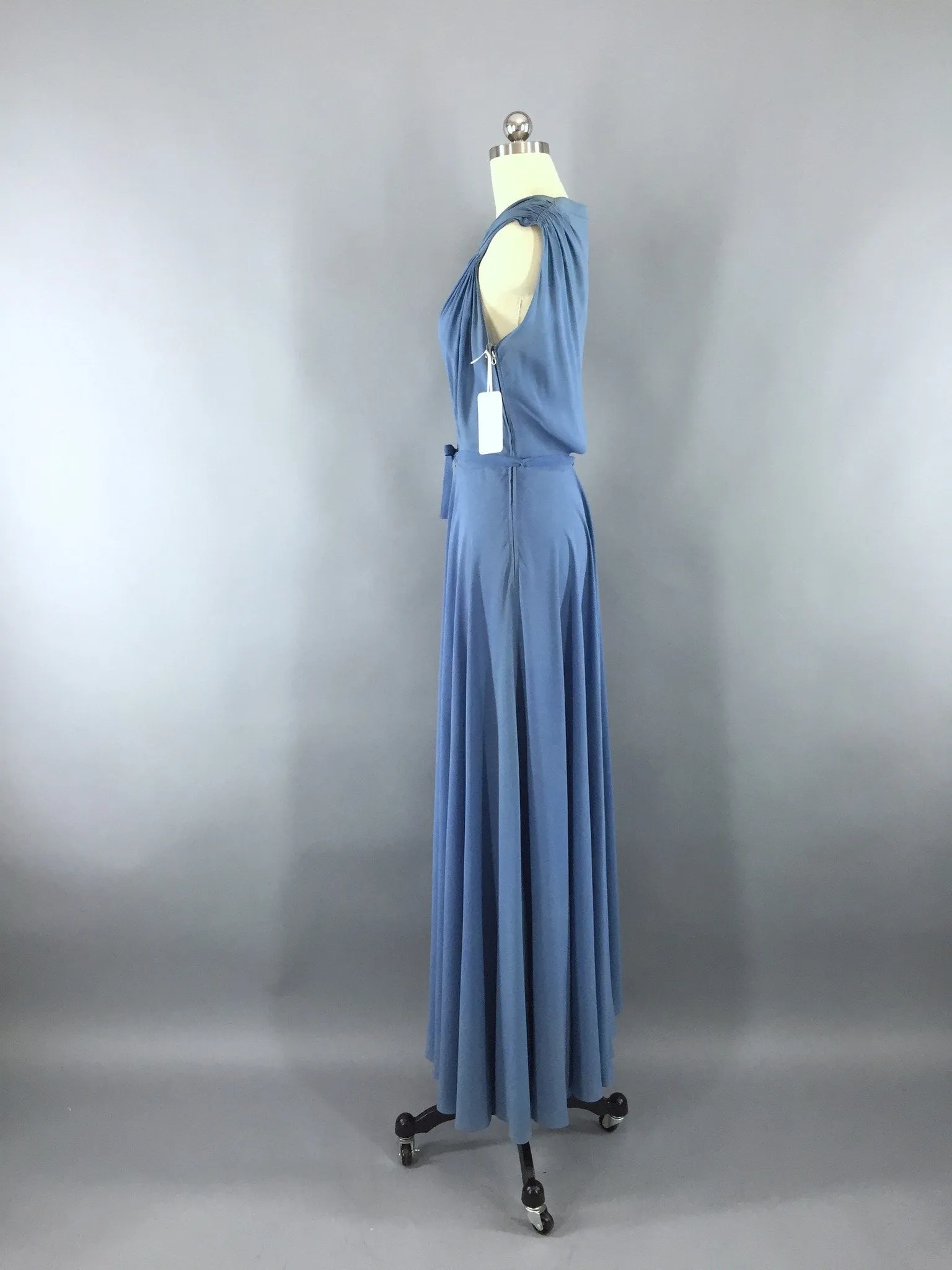 Vintage 1930s Blue Crepe Chiffon Bias Cut Maxi Dress