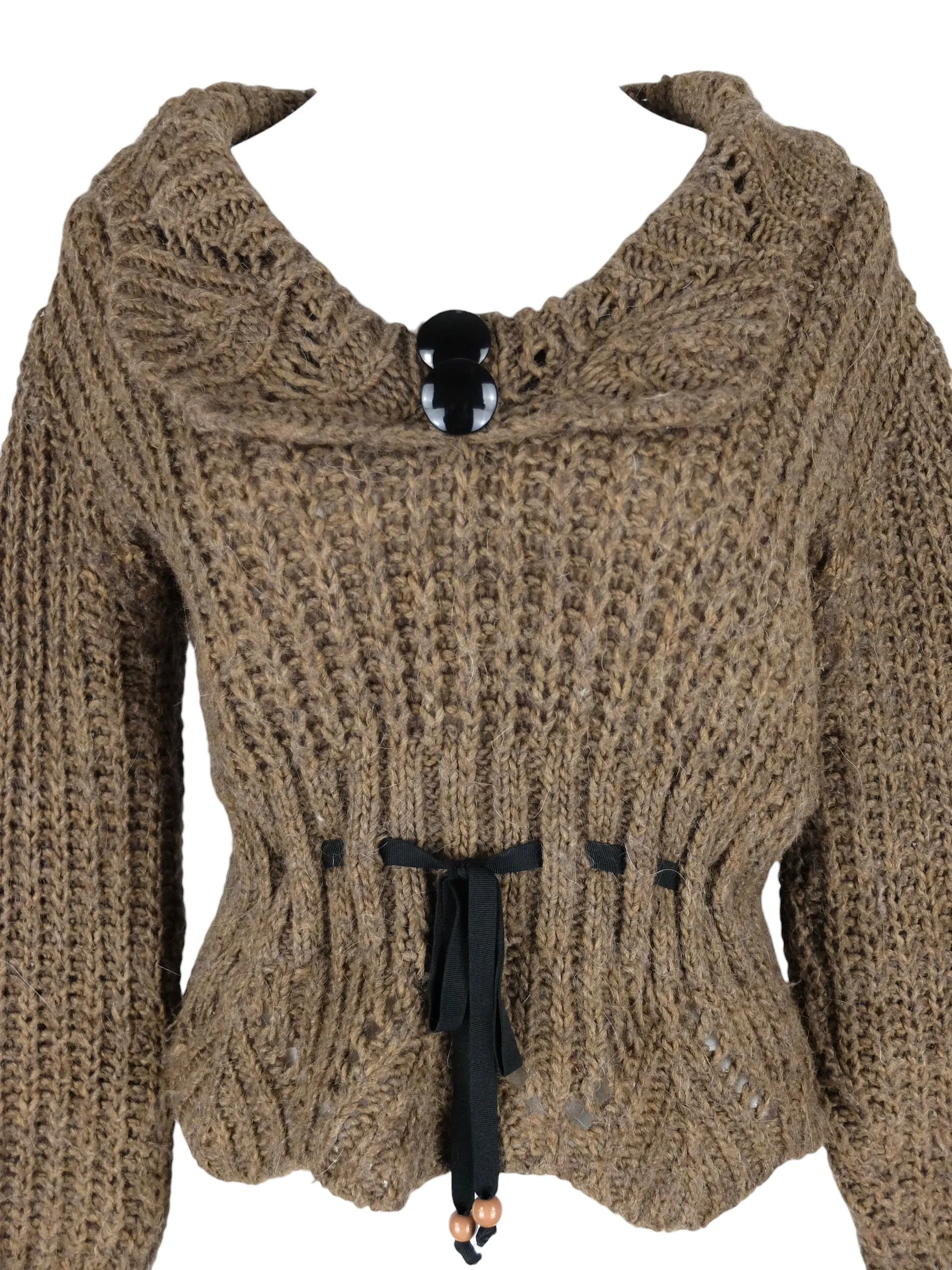 Vintage 2000s Y2K Boho Chic Prairie Cottage Brown Tan Knit Pullover Knit Sweater Jumper with Waist Tie Detail