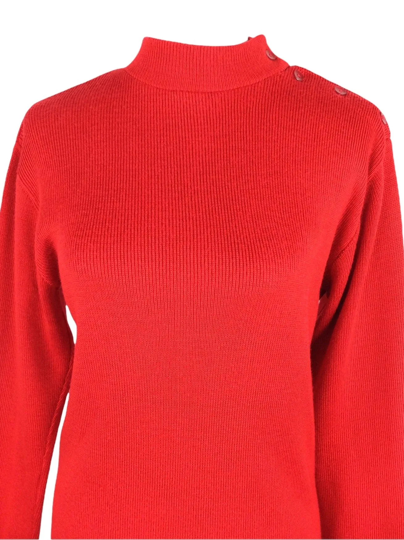 Vintage 60s Mod Chic Bright Cherry Red Solid Mockneck Pullover Sweater Jumper with Shoulder Button Details | Size M